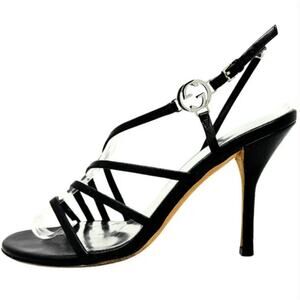 Gucci Heels Shoes Black GG Logo Leather Silver Caged Strappy Sandals Stiletto 39